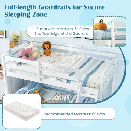 Twin Over Full Bunk Bed Low Floor Bunk Bed Frame-White - White - Bunk Bed Frame