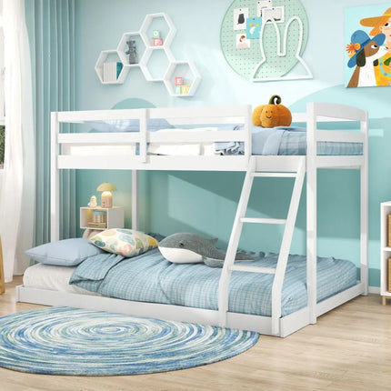 Twin Over Full Bunk Bed Low Floor Bunk Bed Frame-White - White - Bunk Bed Frame