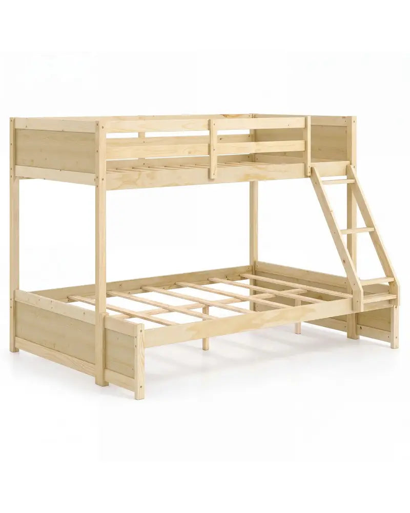 Twin Over Full Bunk Bed with 3-Step Ladder and Full-Length Guardrails-Natural - Natural - Bunk Bed Frame