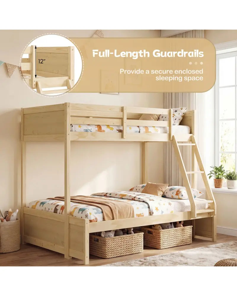 Twin Over Full Bunk Bed with 3-Step Ladder and Full-Length Guardrails-Natural - Natural - Bunk Bed Frame