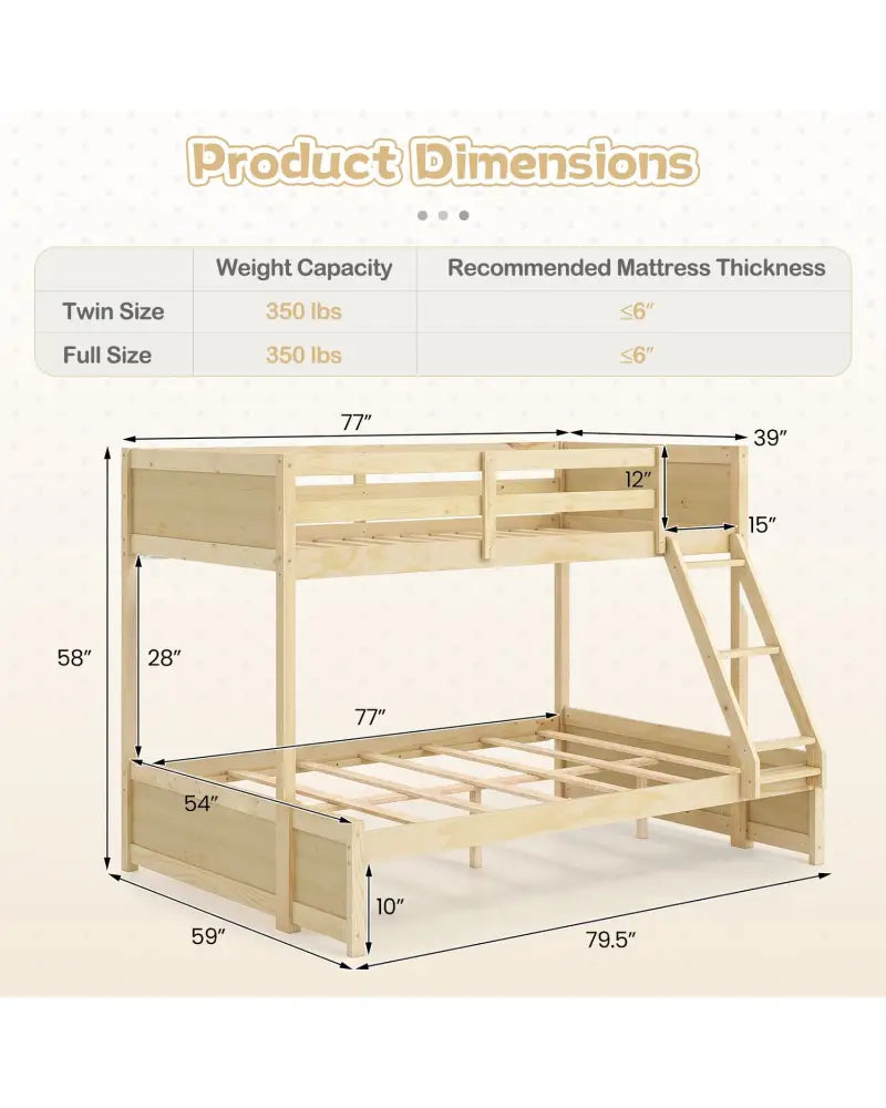 Twin Over Full Bunk Bed with 3-Step Ladder and Full-Length Guardrails-Natural - Natural - Bunk Bed Frame