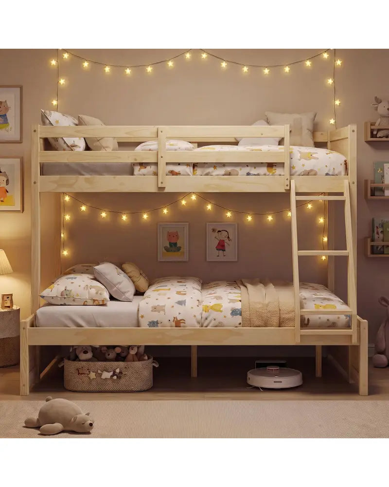 Twin Over Full Bunk Bed with 3-Step Ladder and Full-Length Guardrails-Natural - Natural - Bunk Bed Frame