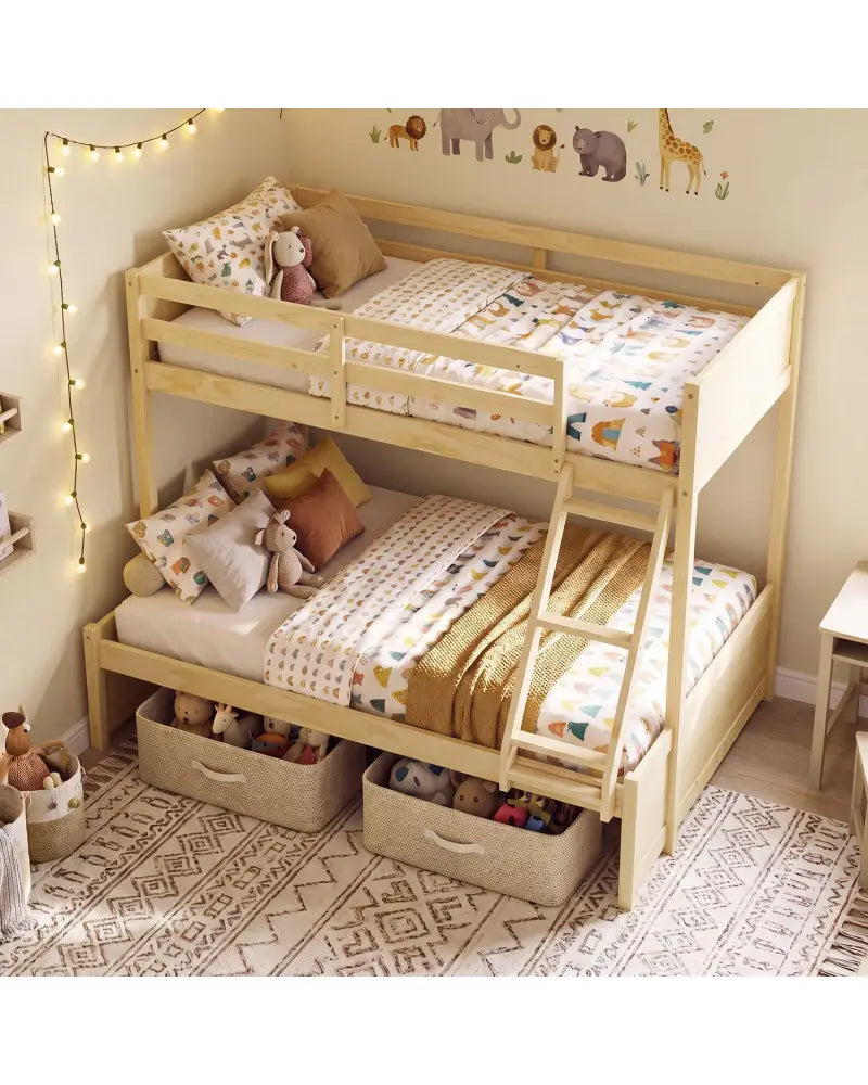 Twin Over Full Bunk Bed with 3-Step Ladder and Full-Length Guardrails-Natural - Natural - Bunk Bed Frame