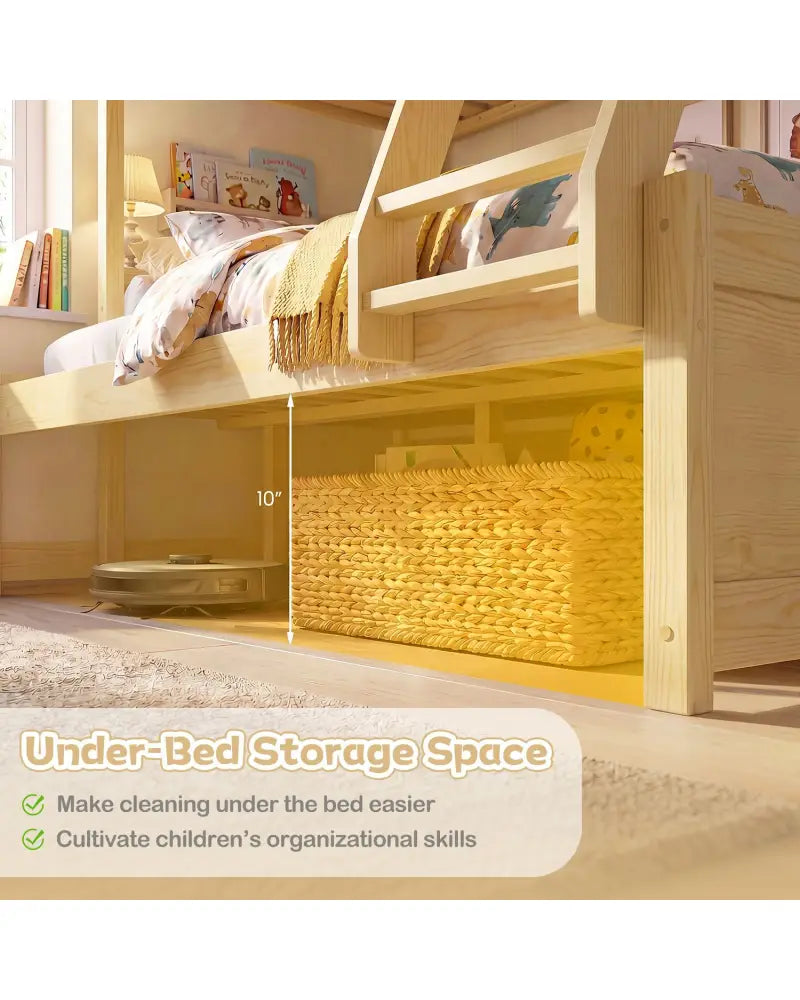 Twin Over Full Bunk Bed with 3-Step Ladder and Full-Length Guardrails-Natural - Natural - Bunk Bed Frame