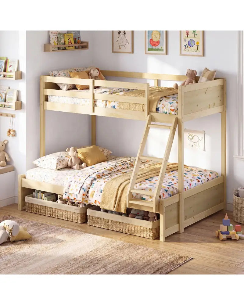 Twin Over Full Bunk Bed with 3-Step Ladder and Full-Length Guardrails-Natural - Natural - Bunk Bed Frame