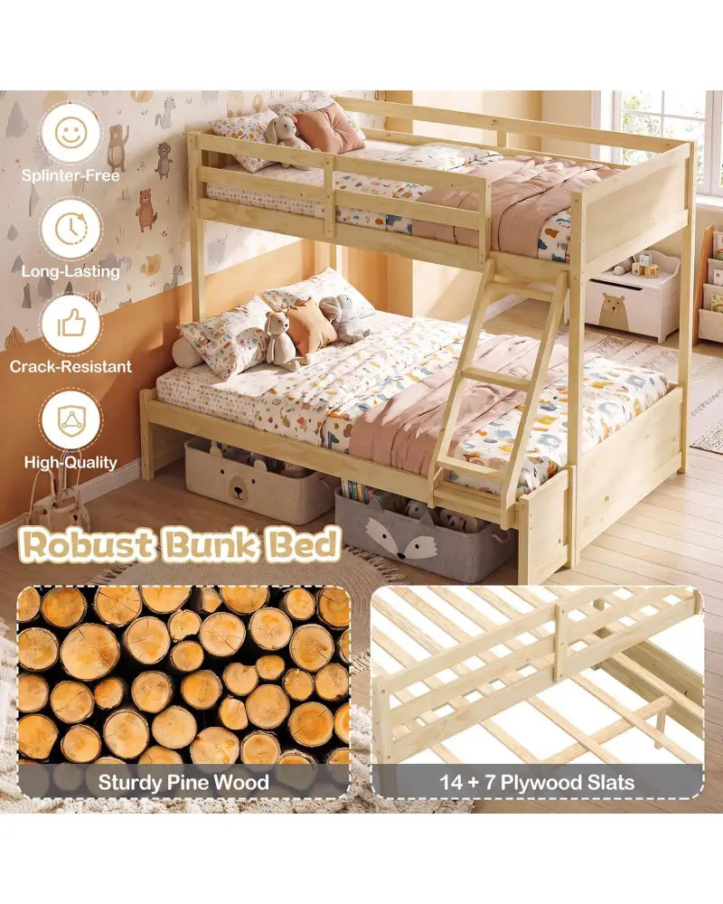 Twin Over Full Bunk Bed with 3-Step Ladder and Full-Length Guardrails-Natural - Natural - Bunk Bed Frame