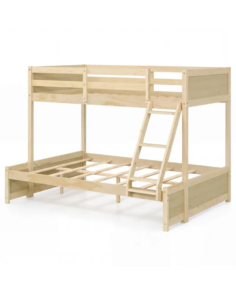 Twin Over Full Bunk Bed with 3-Step Ladder and Full-Length Guardrails-Natural - Natural - Bunk Bed Frame