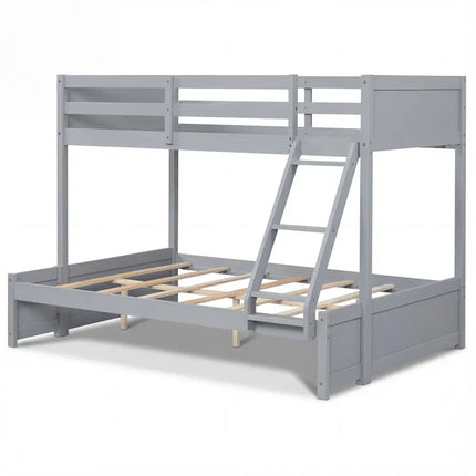 Twin Over Full Bunk Bed with 3-Step Ladder and Full-Length Guardrails-Gray - Gray - Bunk Bed Frame