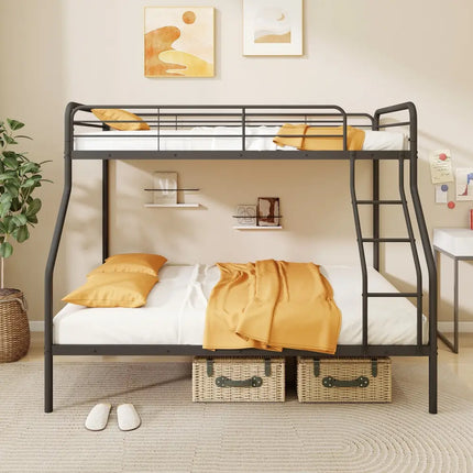 Twin Over Full Bunk Bed with Ladder and Full-length Guardrails-Black - Black - Bunk Bed Frame
