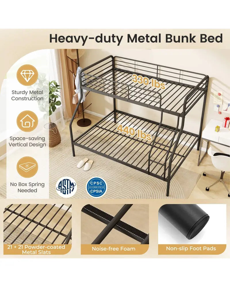 Twin Over Full Bunk Bed with Ladder and Full-length Guardrails-Black - Black - Bunk Bed Frame