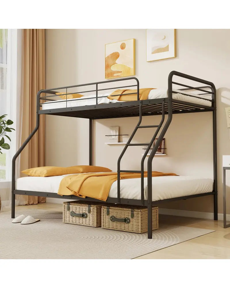 Twin Over Full Bunk Bed with Ladder and Full-length Guardrails-Black - Black - Bunk Bed Frame
