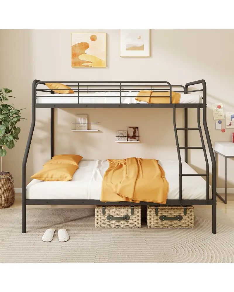 Twin Over Full Bunk Bed with Ladder and Full-length Guardrails-Black - Black - Bunk Bed Frame
