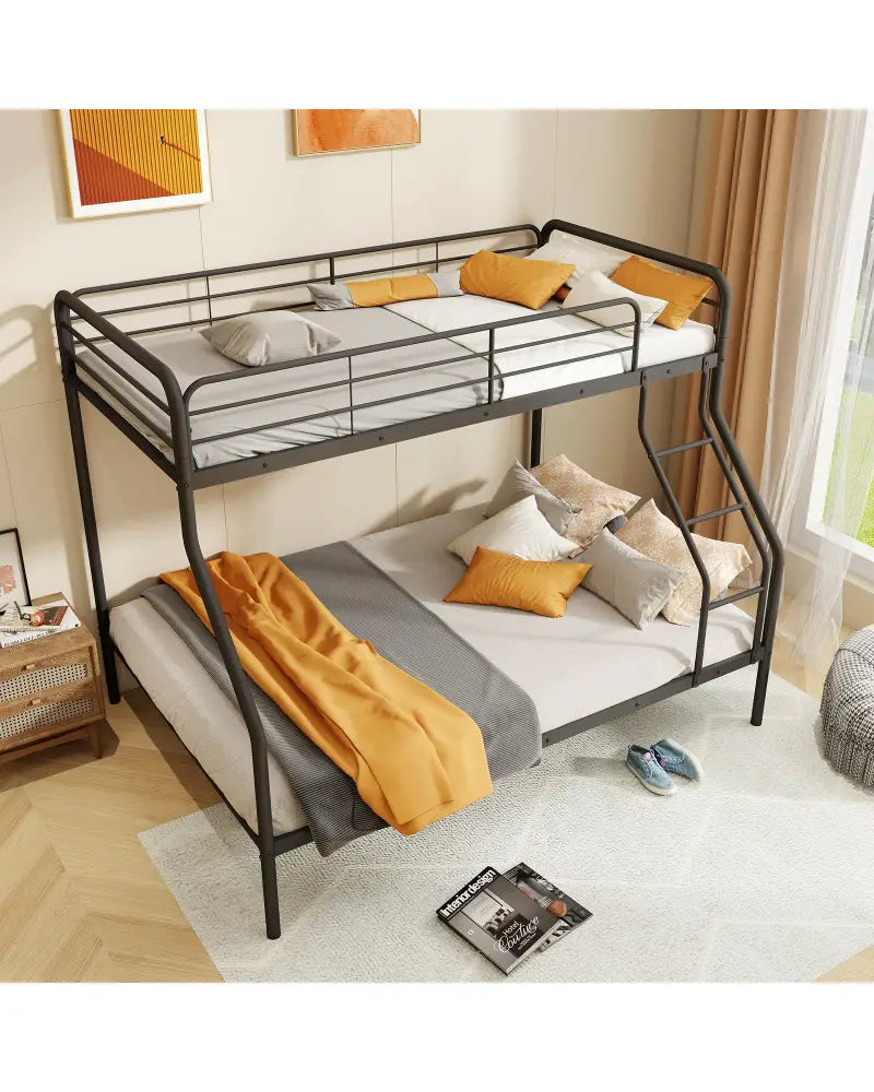 Twin Over Full Bunk Bed with Ladder and Full-length Guardrails-Black - Black - Bunk Bed Frame