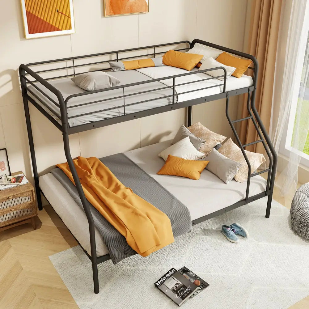 Twin Over Full Bunk Bed with Ladder and Full-length Guardrails-Black - Black - Bunk Bed Frame