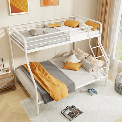 Twin Over Full Bunk Bed with Ladder and Full-length Guardrails-White - White - Bunk Bed Frame