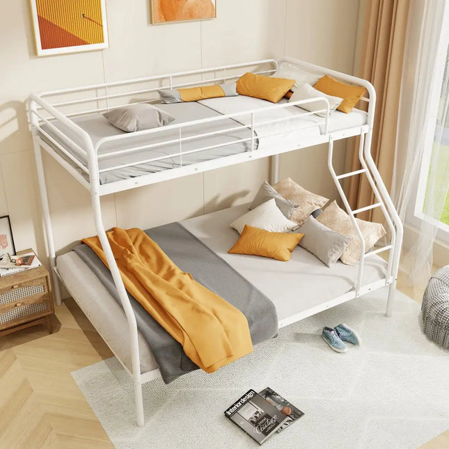 Twin Over Full Bunk Bed with Ladder and Full-length Guardrails-White - White - Bunk Bed Frame