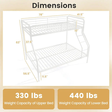 Twin Over Full Bunk Bed with Ladder and Full-length Guardrails-White - White - Bunk Bed Frame