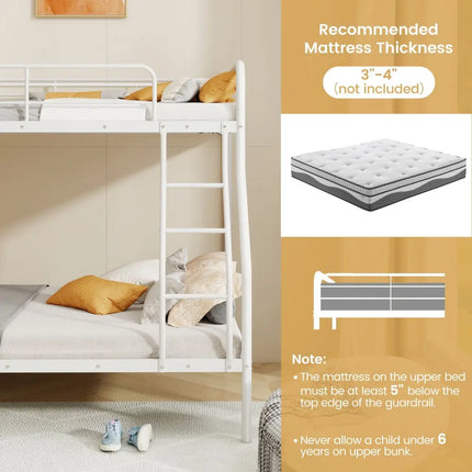 Twin Over Full Bunk Bed with Ladder and Full-length Guardrails-White - White - Bunk Bed Frame