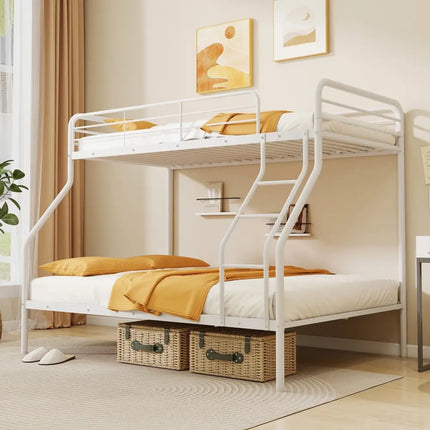 Twin Over Full Bunk Bed with Ladder and Full-length Guardrails-White - White - Bunk Bed Frame