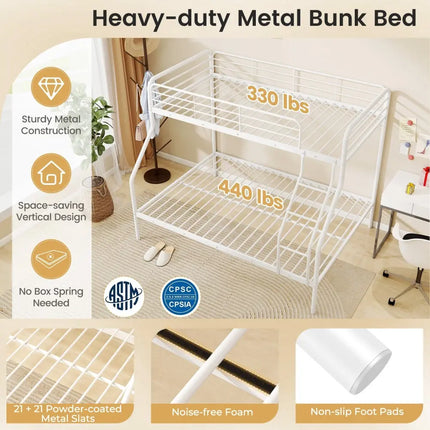 Twin Over Full Bunk Bed with Ladder and Full-length Guardrails-White - White - Bunk Bed Frame