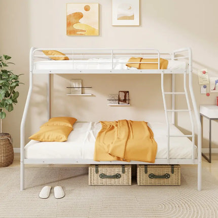 Twin Over Full Bunk Bed with Ladder and Full-length Guardrails-White - White - Bunk Bed Frame