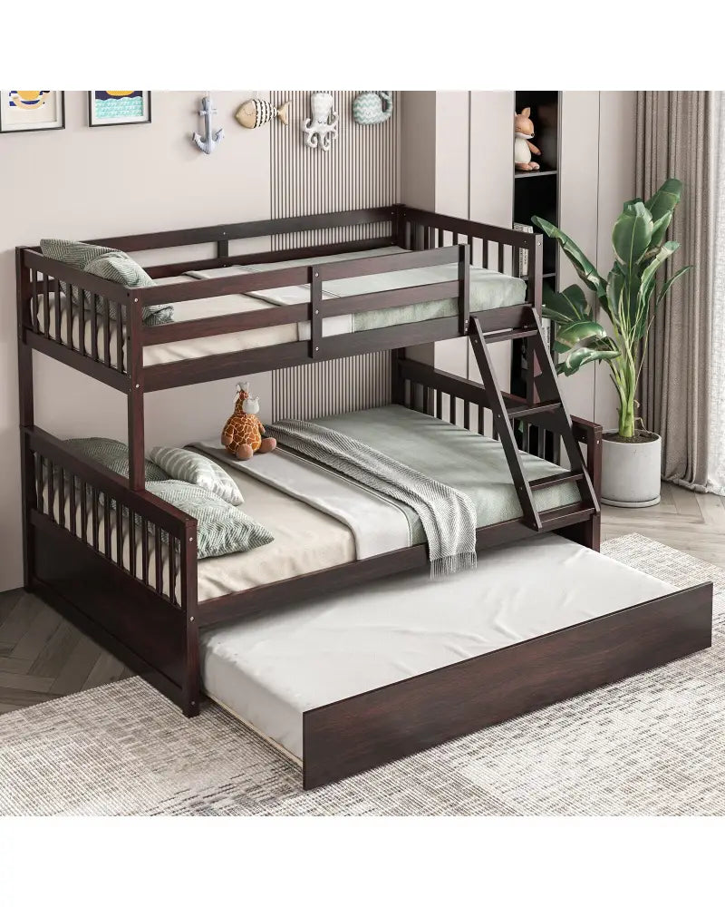 Twin Over Full Convertible Bunk Bed with Twin Trundle-Espresso - Espresso - Bunk Bed Frame