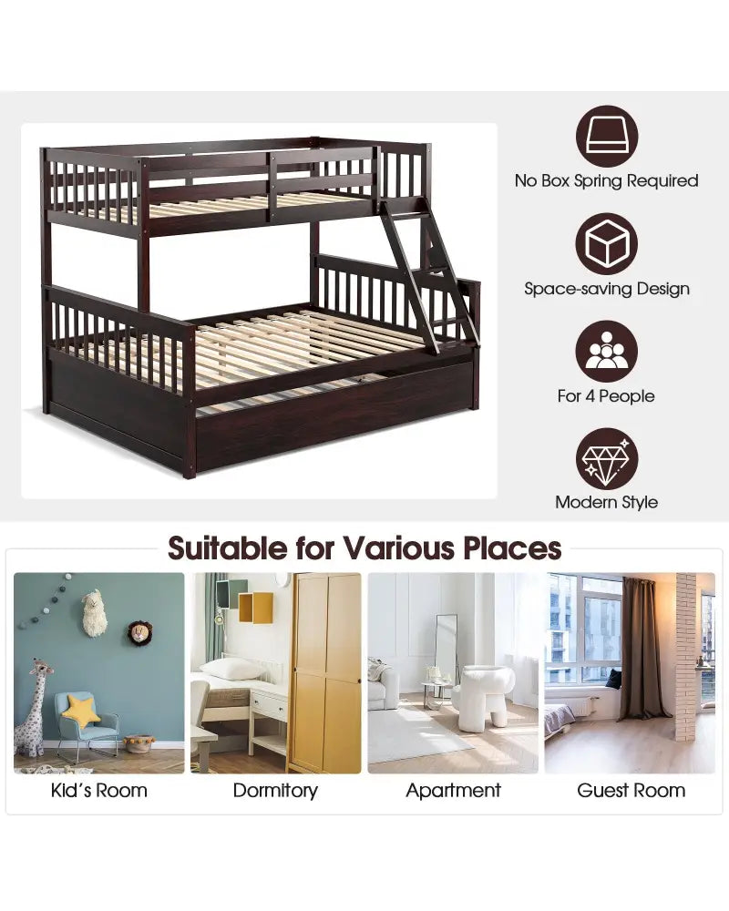Twin Over Full Convertible Bunk Bed with Twin Trundle-Espresso - Espresso - Bunk Bed Frame
