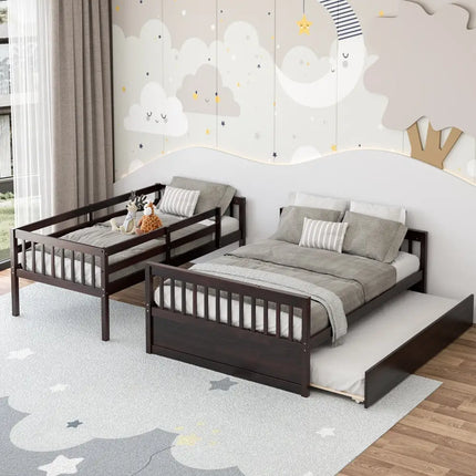 Twin Over Full Convertible Bunk Bed with Twin Trundle-Espresso - Espresso - Bunk Bed Frame