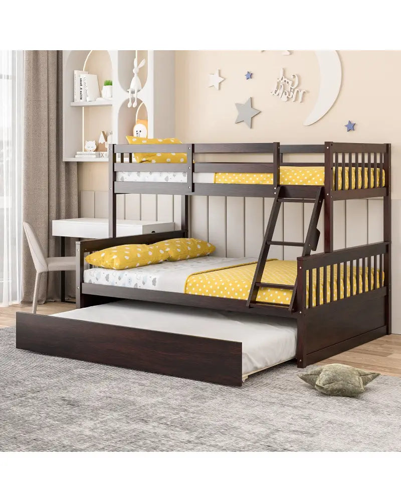 Twin Over Full Convertible Bunk Bed with Twin Trundle-Espresso - Espresso - Bunk Bed Frame