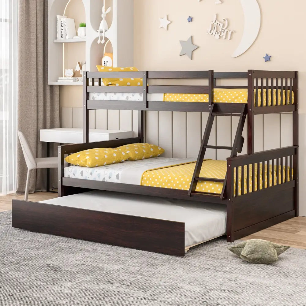 Twin Over Full Convertible Bunk Bed with Twin Trundle-Espresso - Espresso - Bunk Bed Frame