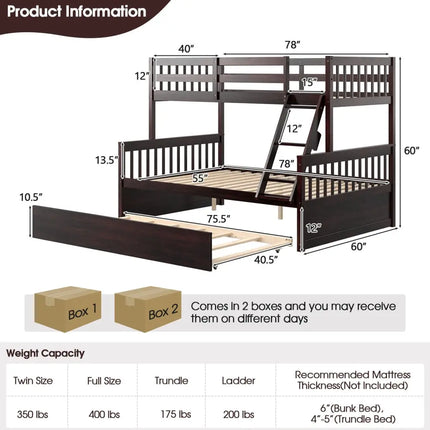 Twin Over Full Convertible Bunk Bed with Twin Trundle-Espresso - Espresso - Bunk Bed Frame