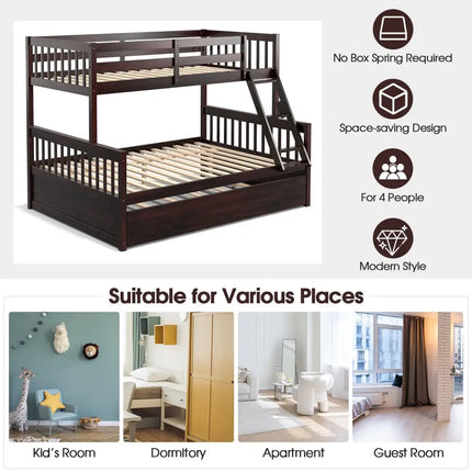 Twin Over Full Convertible Bunk Bed with Twin Trundle-Espresso - Espresso - Bunk Bed Frame