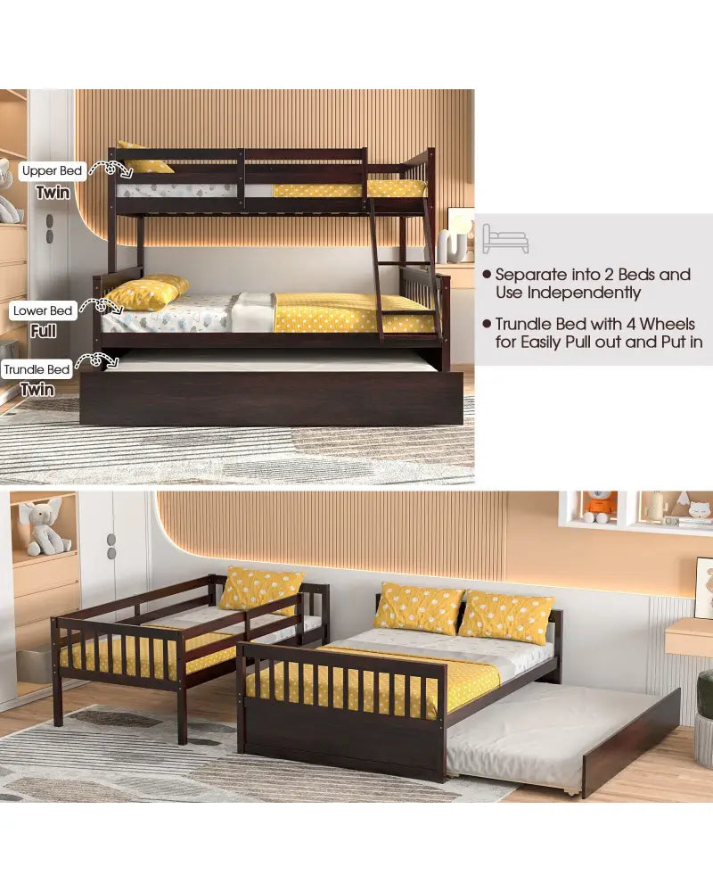 Twin Over Full Convertible Bunk Bed with Twin Trundle-Espresso - Espresso - Bunk Bed Frame