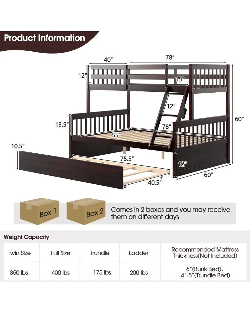 Twin Over Full Convertible Bunk Bed with Twin Trundle-Espresso - Espresso - Bunk Bed Frame