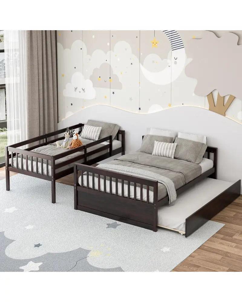 Twin Over Full Convertible Bunk Bed with Twin Trundle-Espresso - Espresso - Bunk Bed Frame