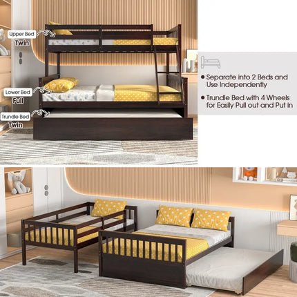 Twin Over Full Convertible Bunk Bed with Twin Trundle-Espresso - Espresso - Bunk Bed Frame