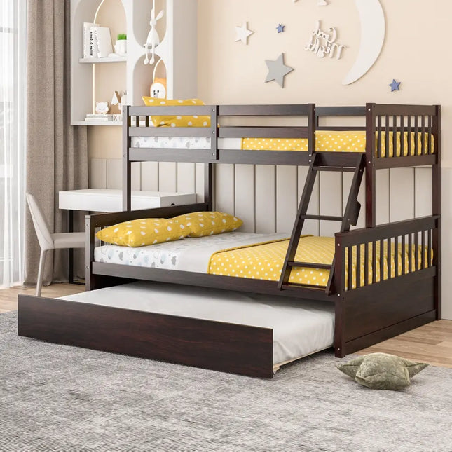 Twin Over Full Convertible Bunk Bed with Twin Trundle-Espresso - Espresso - Bunk Bed Frame