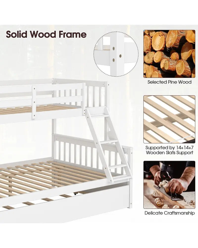 Twin Over Full Convertible Bunk Bed with Twin Trundle-White - White - Bunk Bed Frame