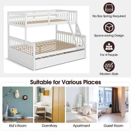 Twin Over Full Convertible Bunk Bed with Twin Trundle-White - White - Bunk Bed Frame