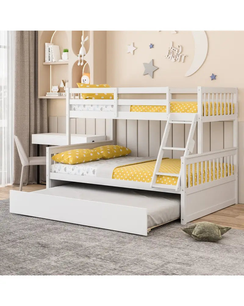 Twin Over Full Convertible Bunk Bed with Twin Trundle-White - White - Bunk Bed Frame
