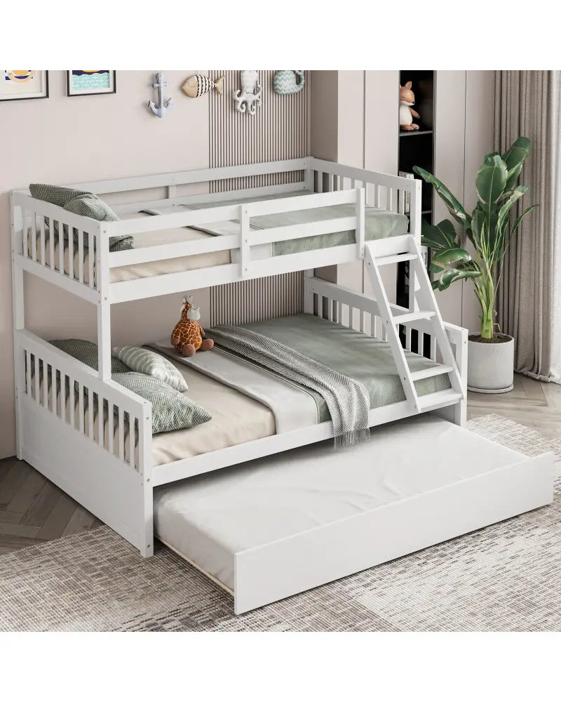 Twin Over Full Convertible Bunk Bed with Twin Trundle-White - White - Bunk Bed Frame
