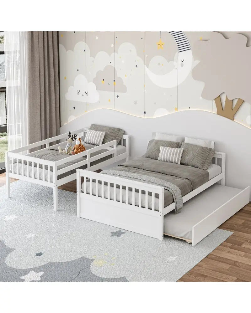 Twin Over Full Convertible Bunk Bed with Twin Trundle-White - White - Bunk Bed Frame