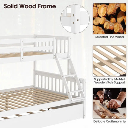 Twin Over Full Convertible Bunk Bed with Twin Trundle-White - White - Bunk Bed Frame