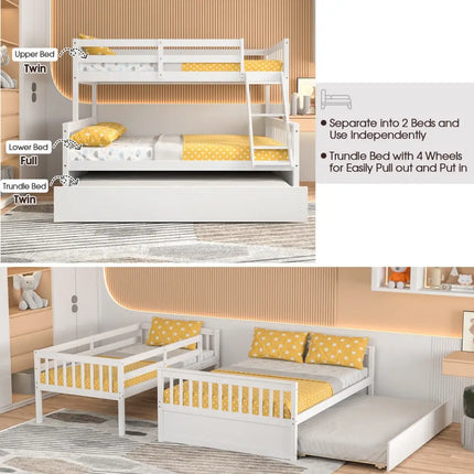 Twin Over Full Convertible Bunk Bed with Twin Trundle-White - White - Bunk Bed Frame