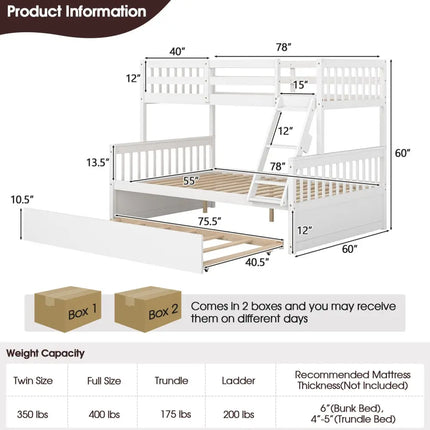 Twin Over Full Convertible Bunk Bed with Twin Trundle-White - White - Bunk Bed Frame
