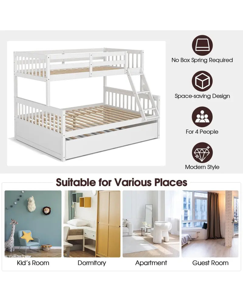 Twin Over Full Convertible Bunk Bed with Twin Trundle-White - White - Bunk Bed Frame