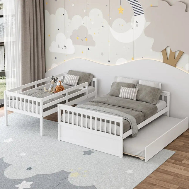 Twin Over Full Convertible Bunk Bed with Twin Trundle-White - White - Bunk Bed Frame