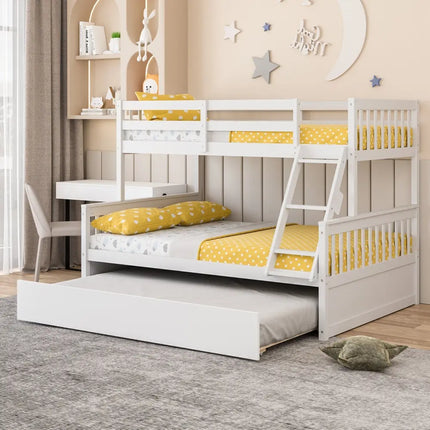 Twin Over Full Convertible Bunk Bed with Twin Trundle-White - White - Bunk Bed Frame