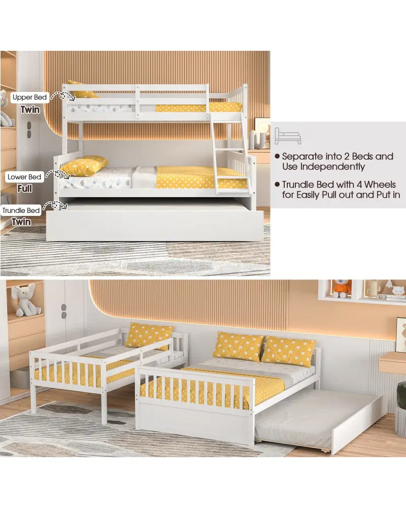 Twin Over Full Convertible Bunk Bed with Twin Trundle-White - White - Bunk Bed Frame
