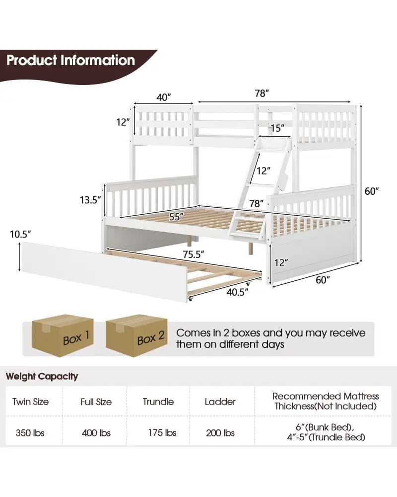 Twin Over Full Convertible Bunk Bed with Twin Trundle-White - White - Bunk Bed Frame